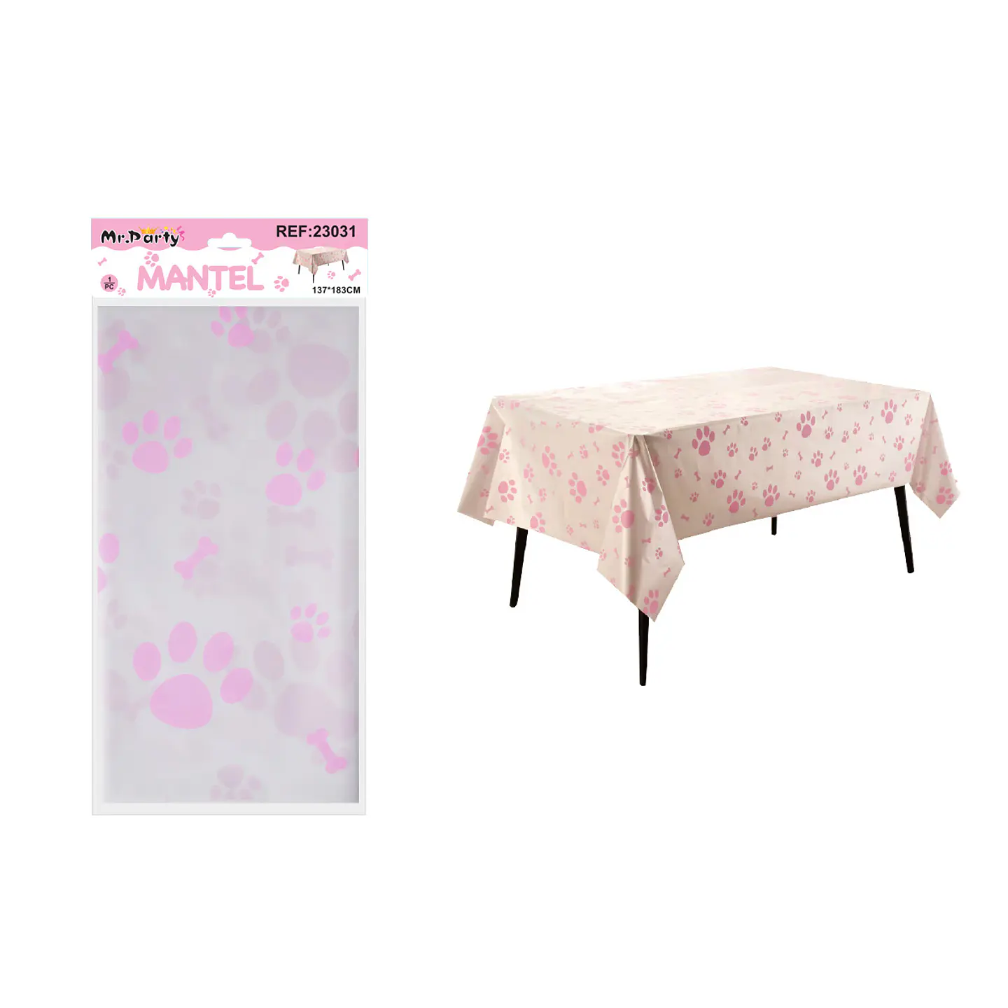 Mantel plástico perlado huella de perro rosa 137*183cm 1