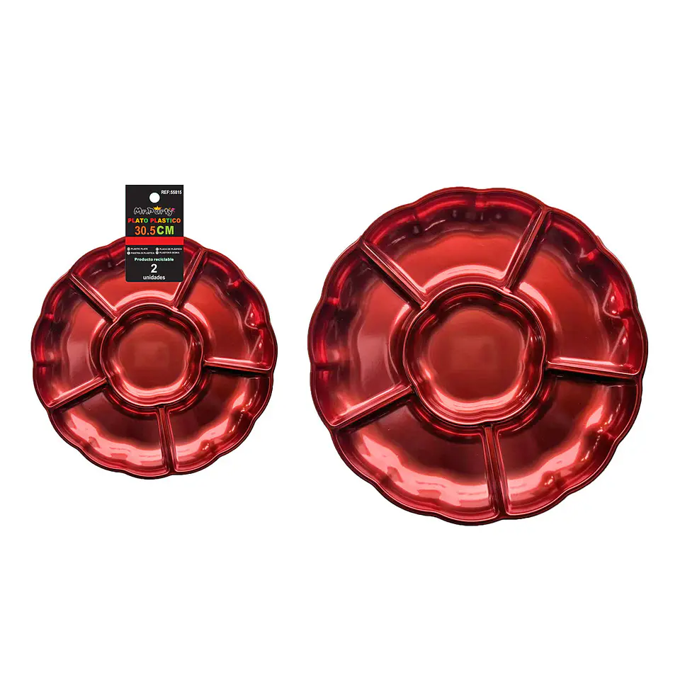 Plato bandeja plástica rojo metalizada con división 30.5cm 2pcs 1