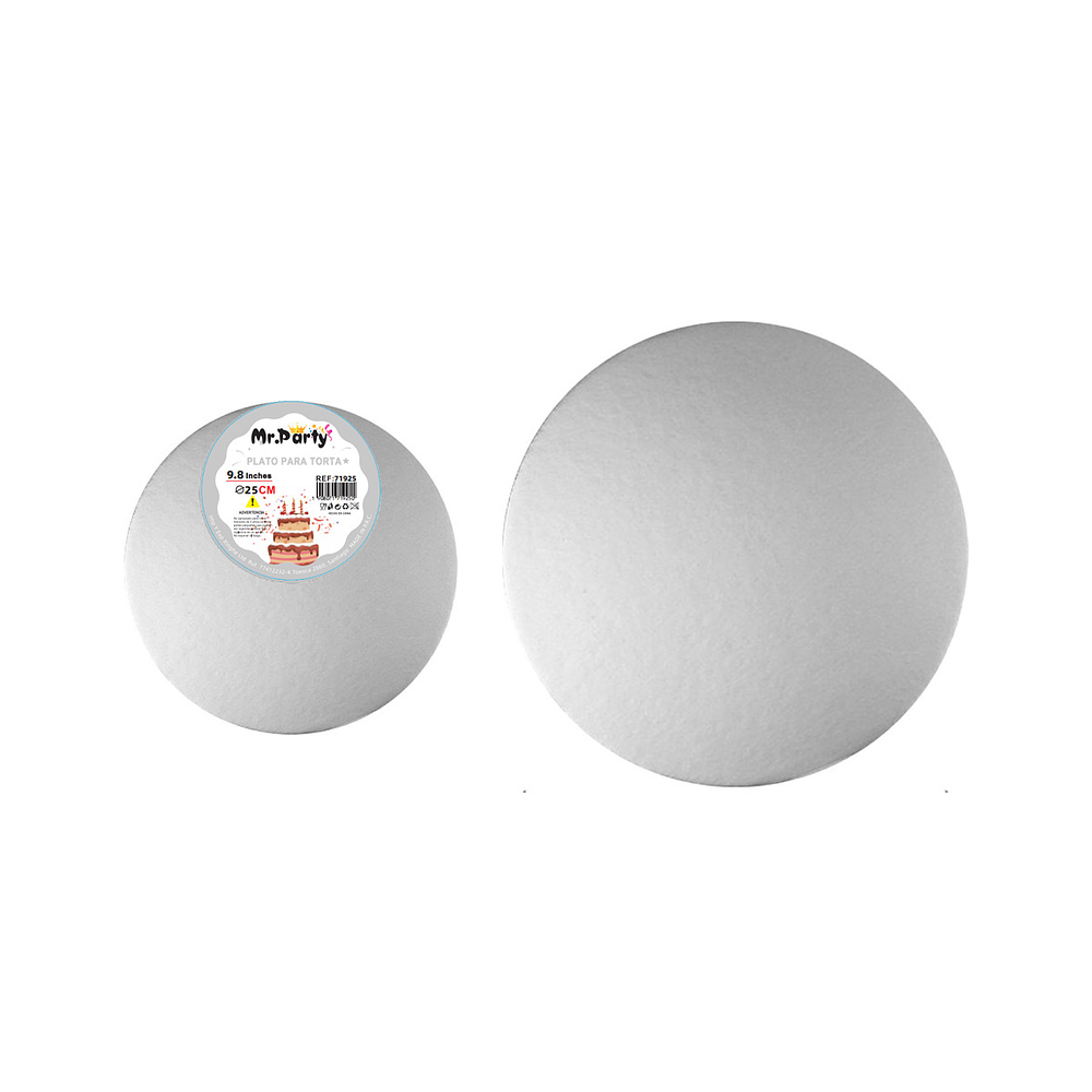 Bandeja base redonda de cartón plateado para torta 2mm*25cm