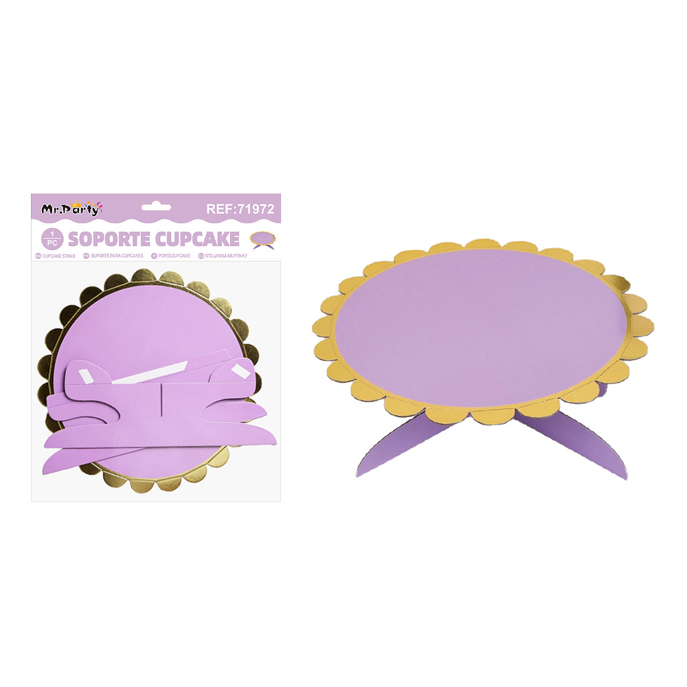 Bandeja con soporte para pastel morado con borde dorado