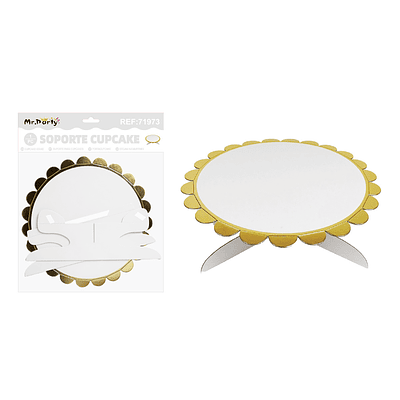 Bandeja con soporte para pastel blanco con borde dorado