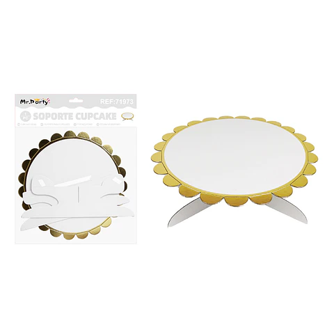 Bandeja con soporte para pastel blanco con borde dorado