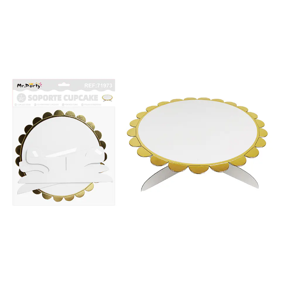 Bandeja con soporte para pastel blanco con borde dorado 1