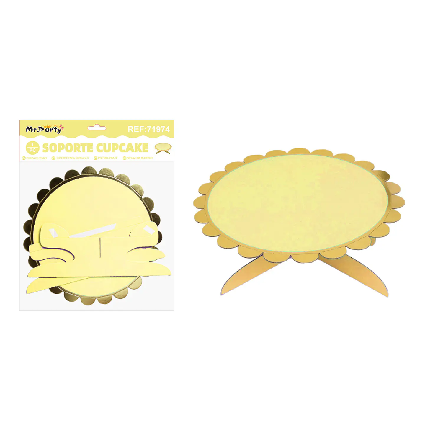 Bandeja con soporte para pastel amarillo con borde dorado 1