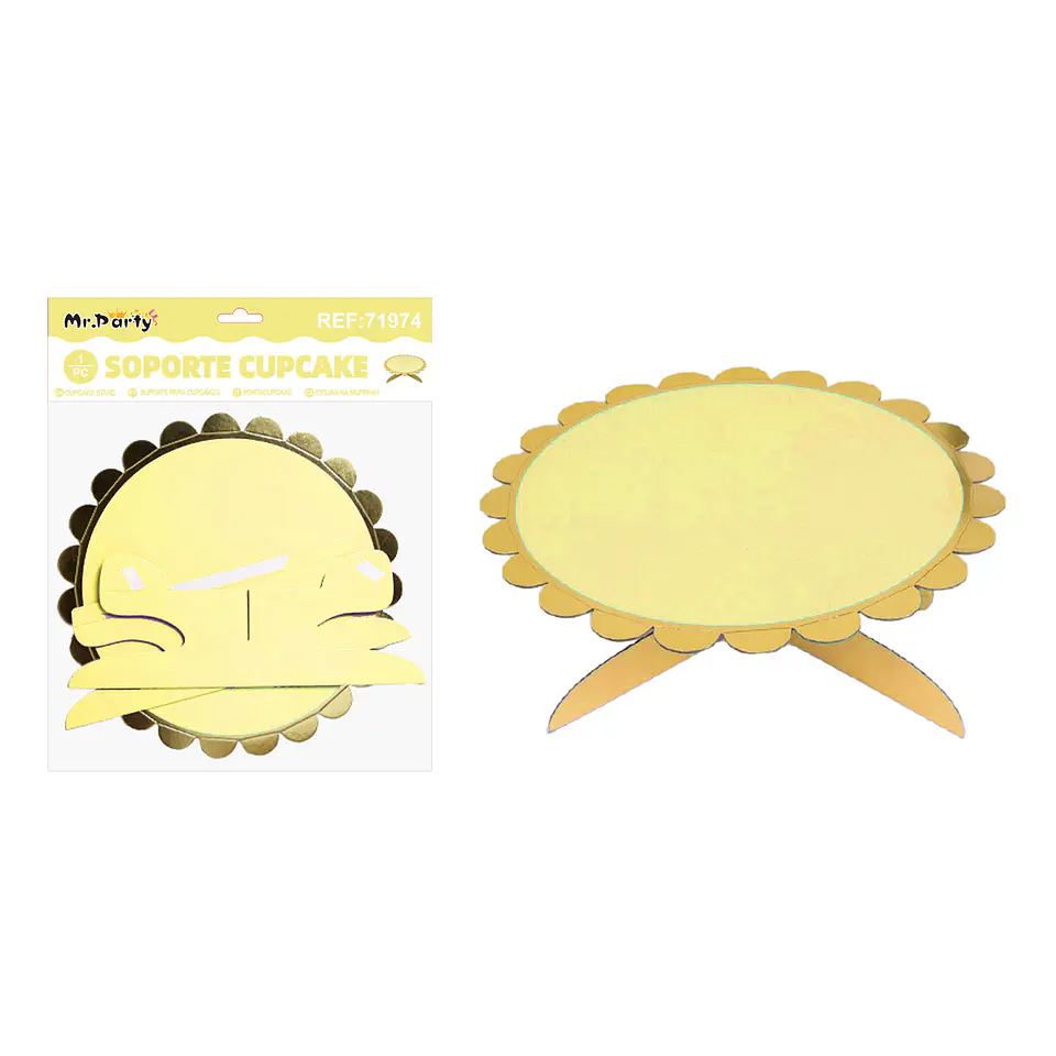 Bandeja con soporte para pastel amarillo con borde dorado 1