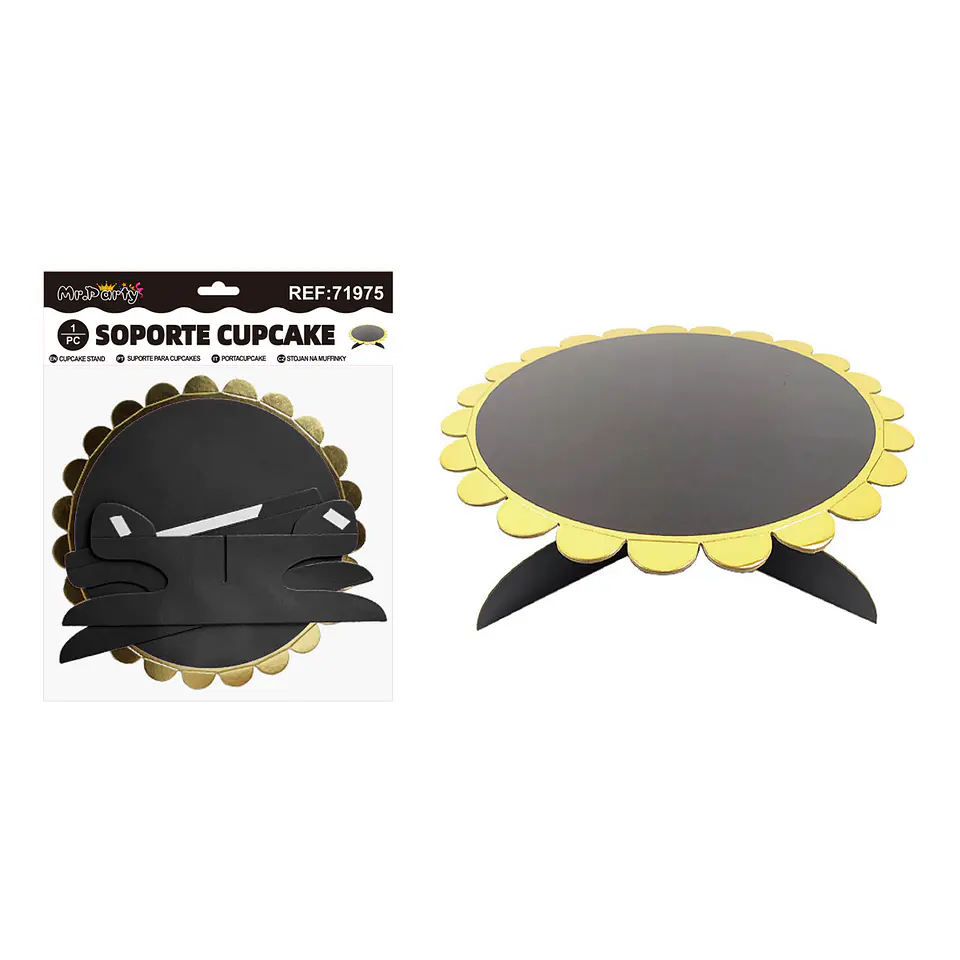 Bandeja con soporte para pastel negro con borde dorado 1