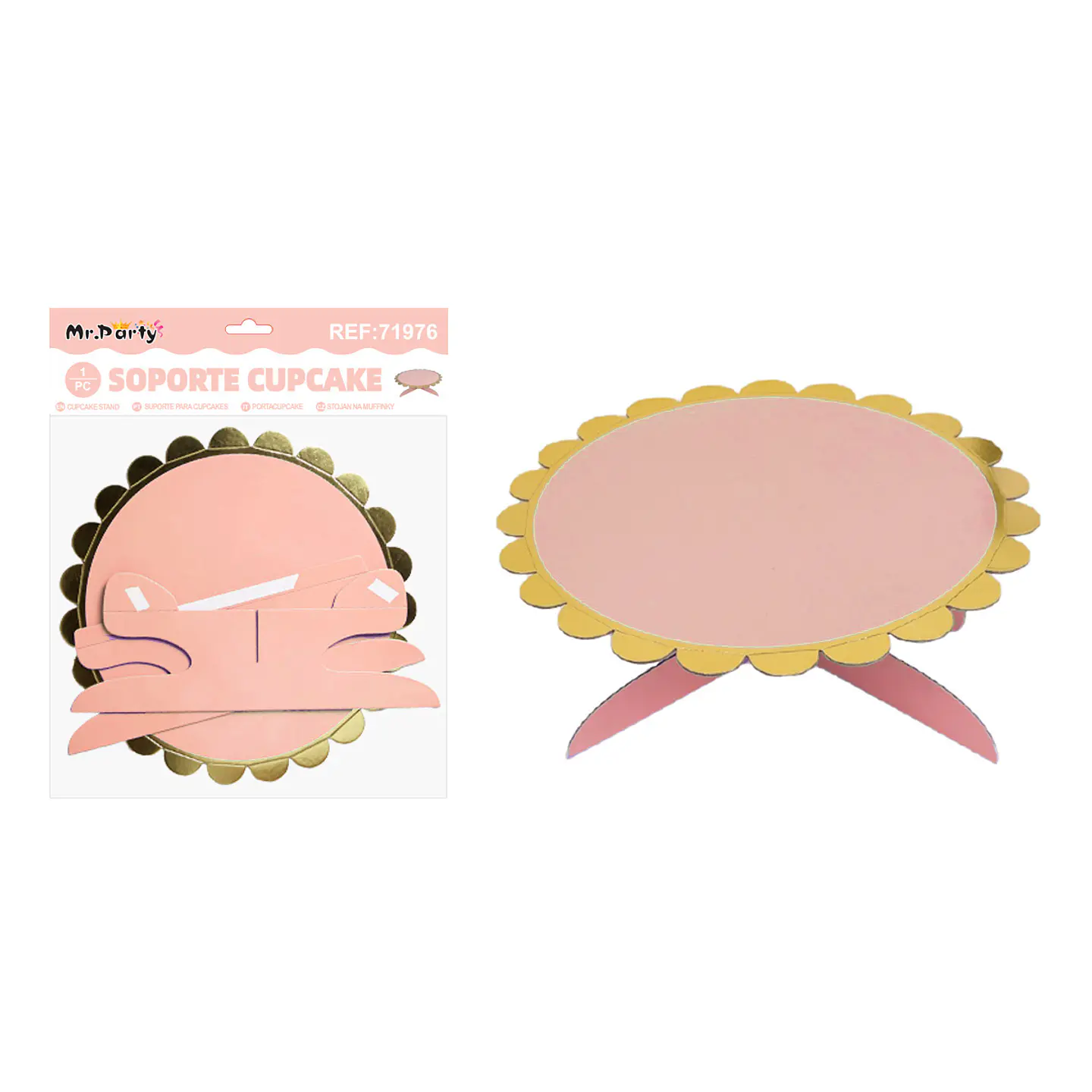 Bandeja con soporte para pastel rosa con borde dorado 1