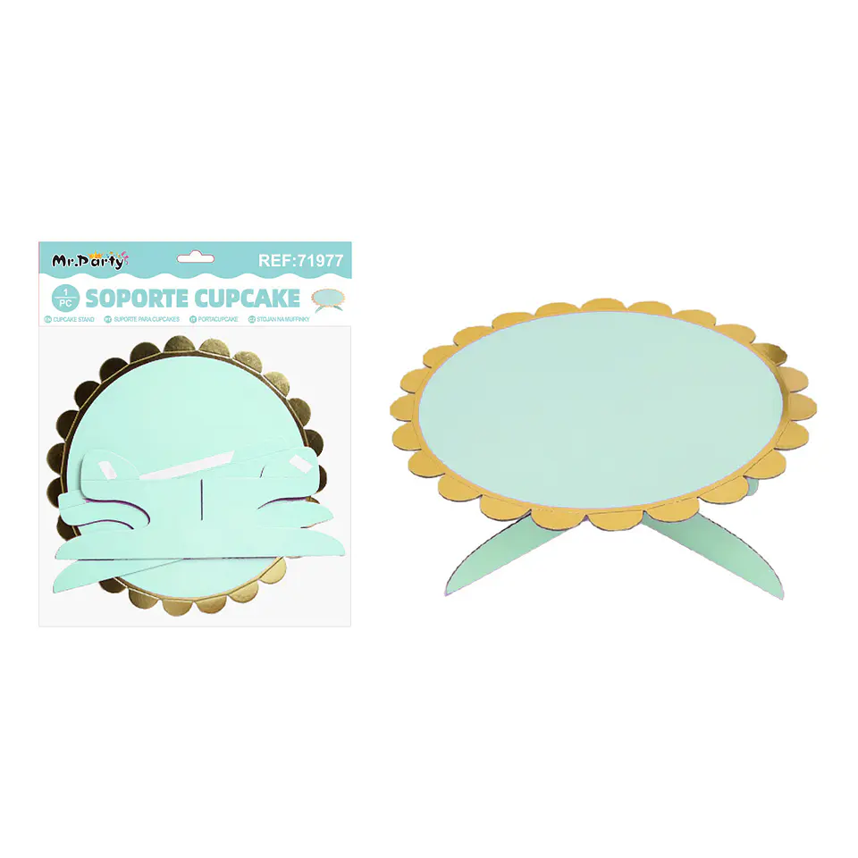 Bandeja con soporte para pastel azul celeste con borde dorado 1