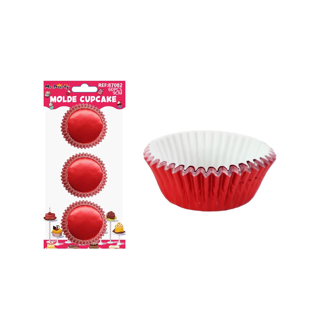 Set de moldes de papel para cupcake rojo metalizado 9cm 60pcs