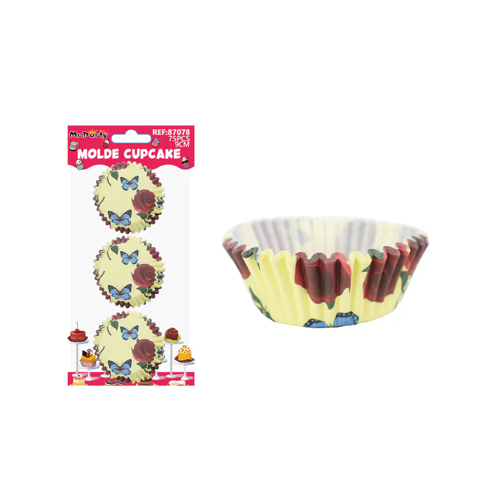 Set de moldes de papel para cupcake diseño de rosas y mariposas 9cm 75pcs 1