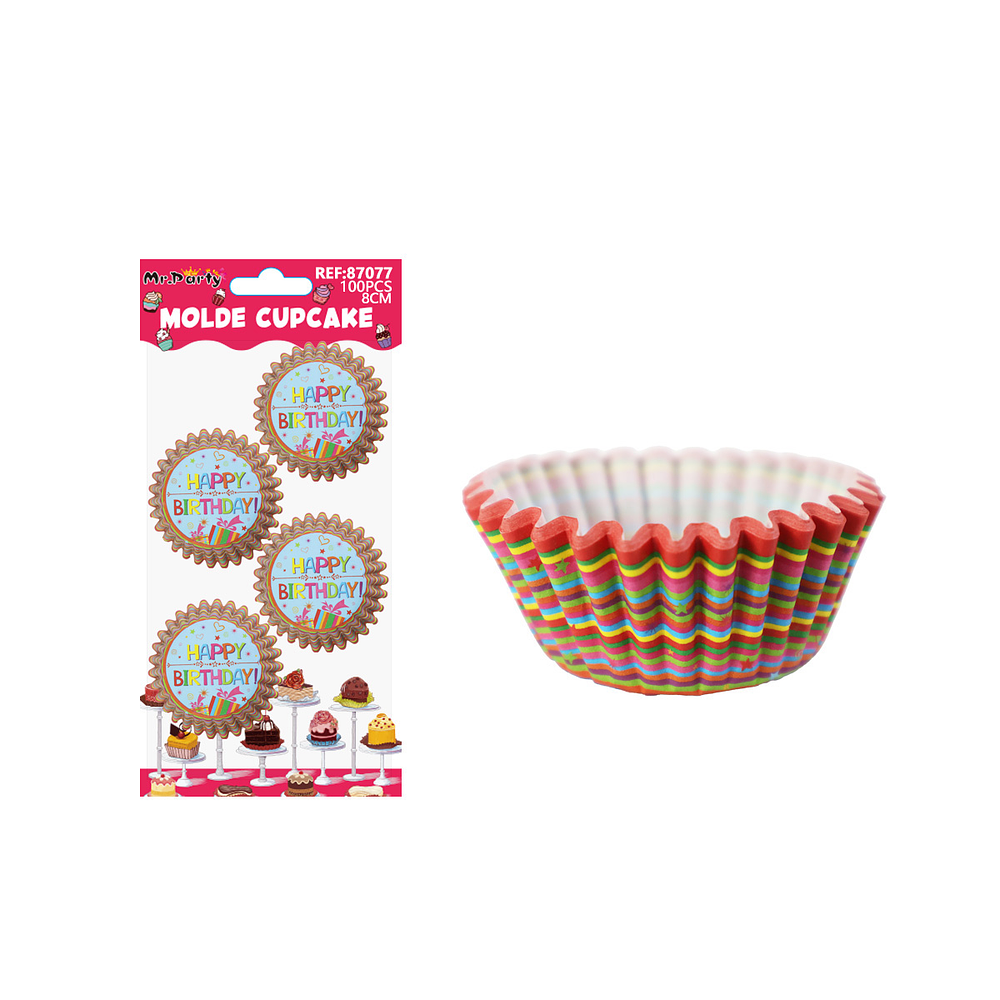 Set de moldes de papel para cupcake diseño de feliz cumpleaños multicolor 8cm 100pcs