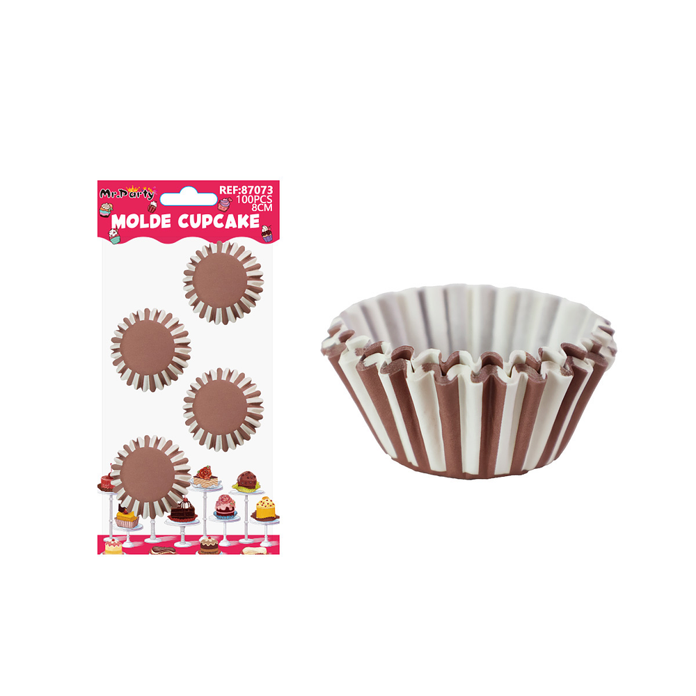 Set de moldes de papel para cupcake de rayas café y blanco 8cm 100pcs