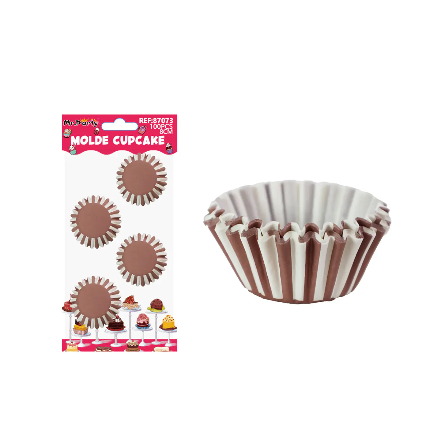 Set de moldes de papel para cupcake de rayas café y blanco 8cm 100pcs 1