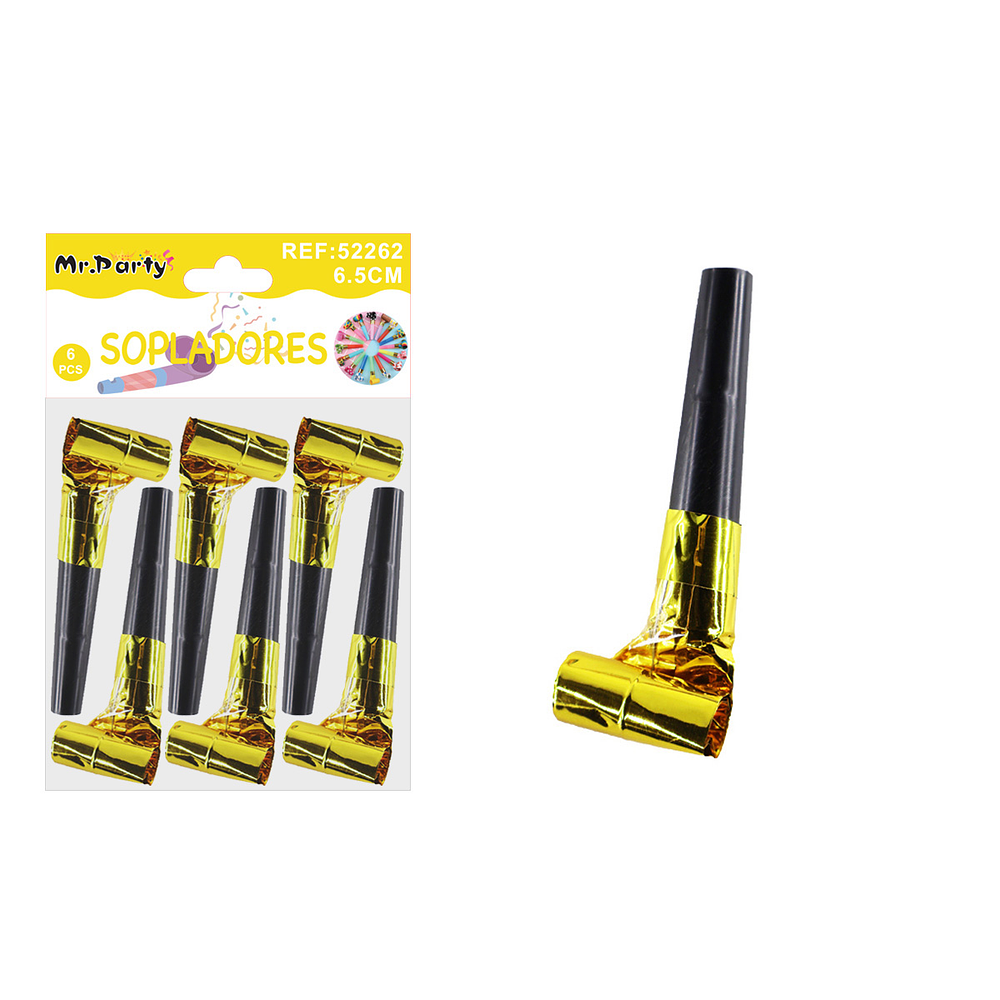 Sopladores tubo negro punta dorada 6.5cm 6pcs