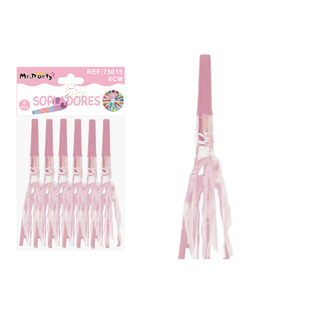 Sopladores de fiesta neón con flecos brillantes rosa 6pcs