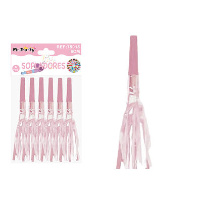 Sopladores de fiesta neón con flecos brillantes rosa 6pcs