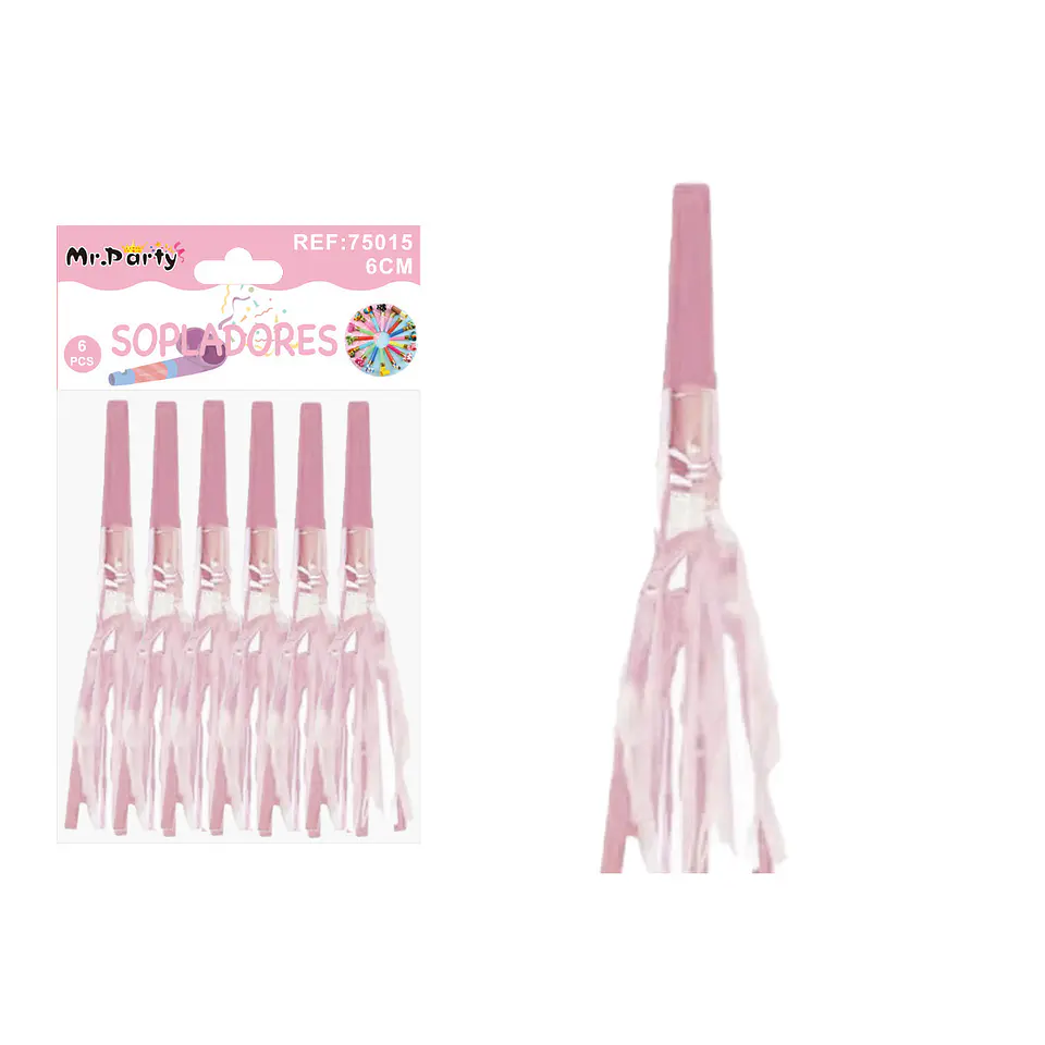 Sopladores de fiesta neón con flecos brillantes rosa 6pcs 1