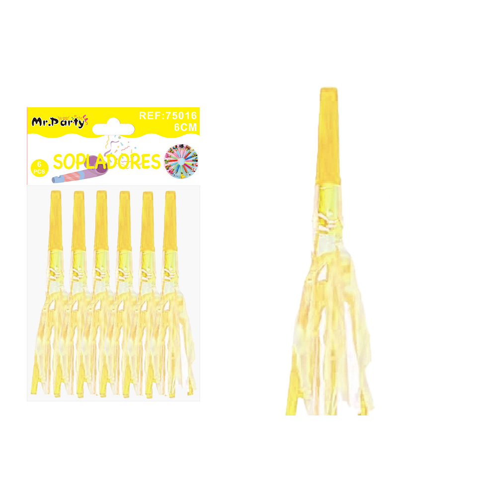 Sopladores de fiesta neón con flecos brillantes amarillo 6pcs
