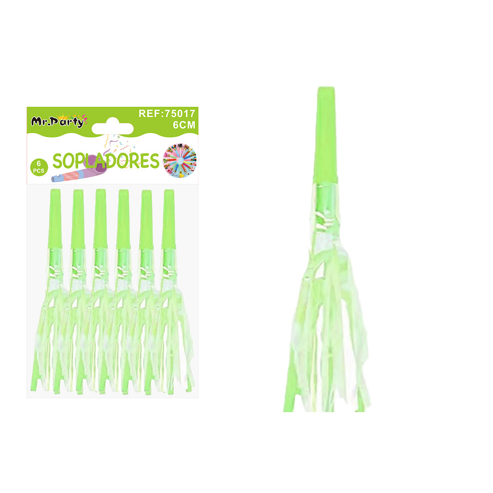 Sopladores de fiesta neón con flecos brillantes verde lima 6pcs