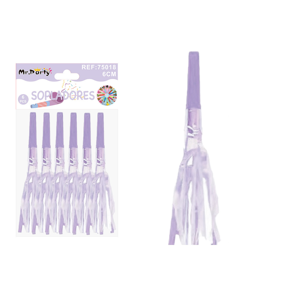 Sopladores de fiesta neón con flecos brillantes violeta claro 6pcs