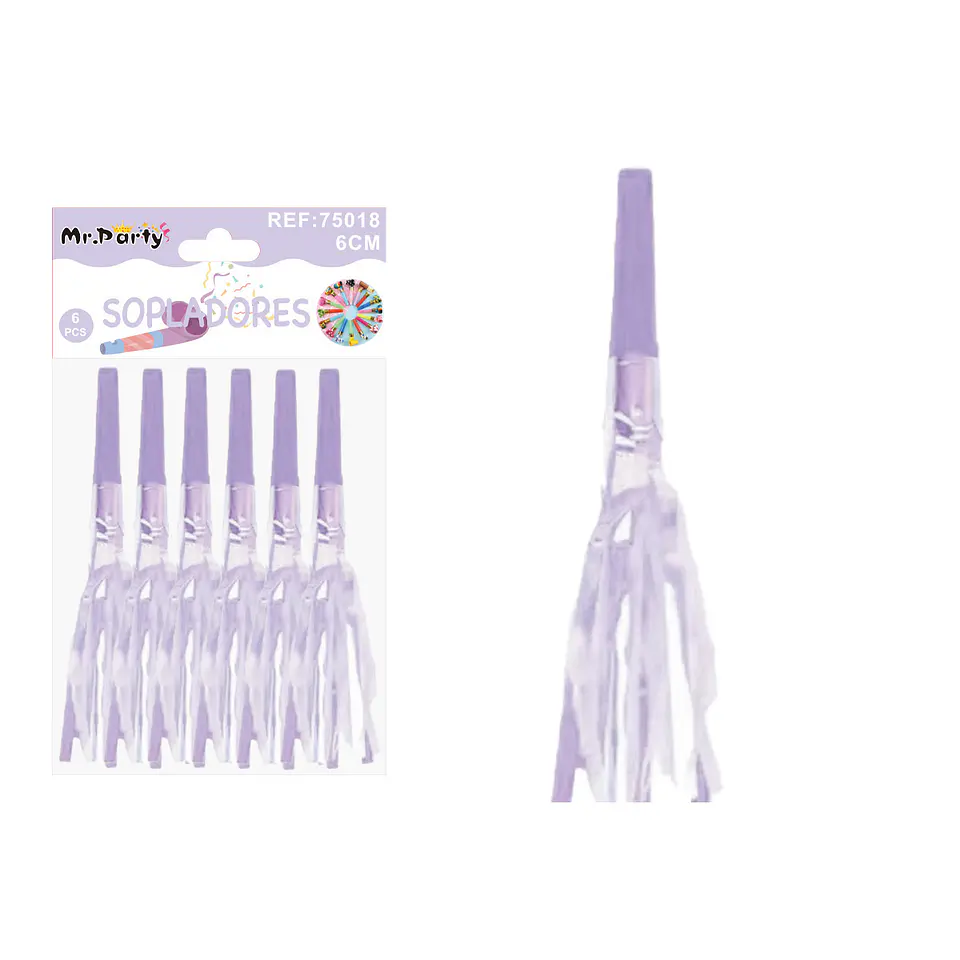 Sopladores de fiesta neón con flecos brillantes violeta claro 6pcs 1