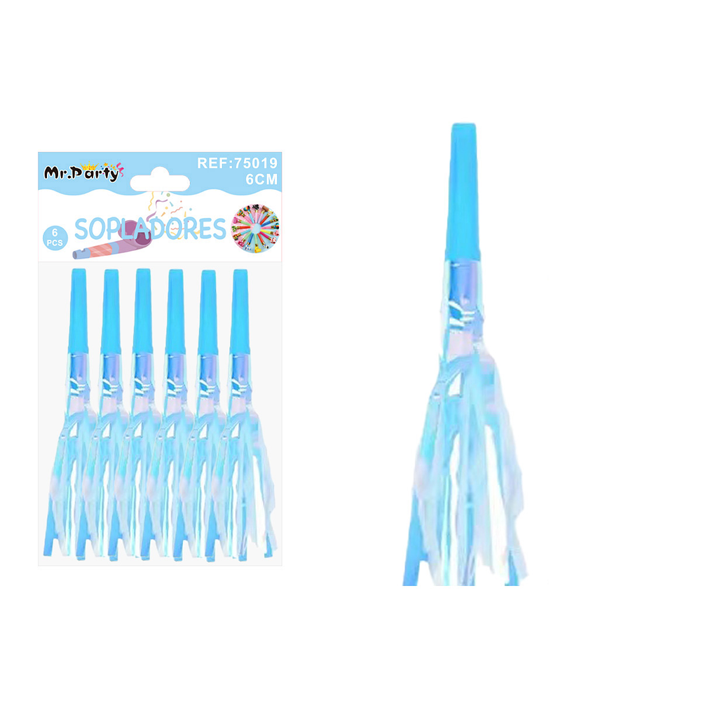 Sopladores de fiesta neón con flecos brillantes azul 6pcs