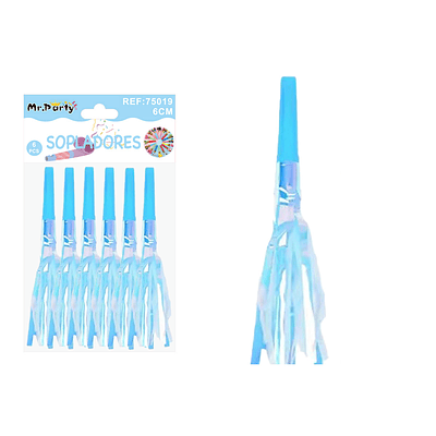 Sopladores de fiesta neón con flecos brillantes azul 6pcs