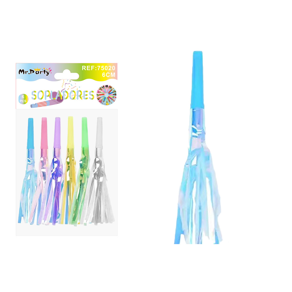 Sopladores de fiesta neón con flecos brillantes colores surtidos 6pcs