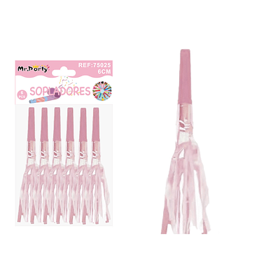 Sopladores de fiesta neón de papel con flecos rosa 6pcs