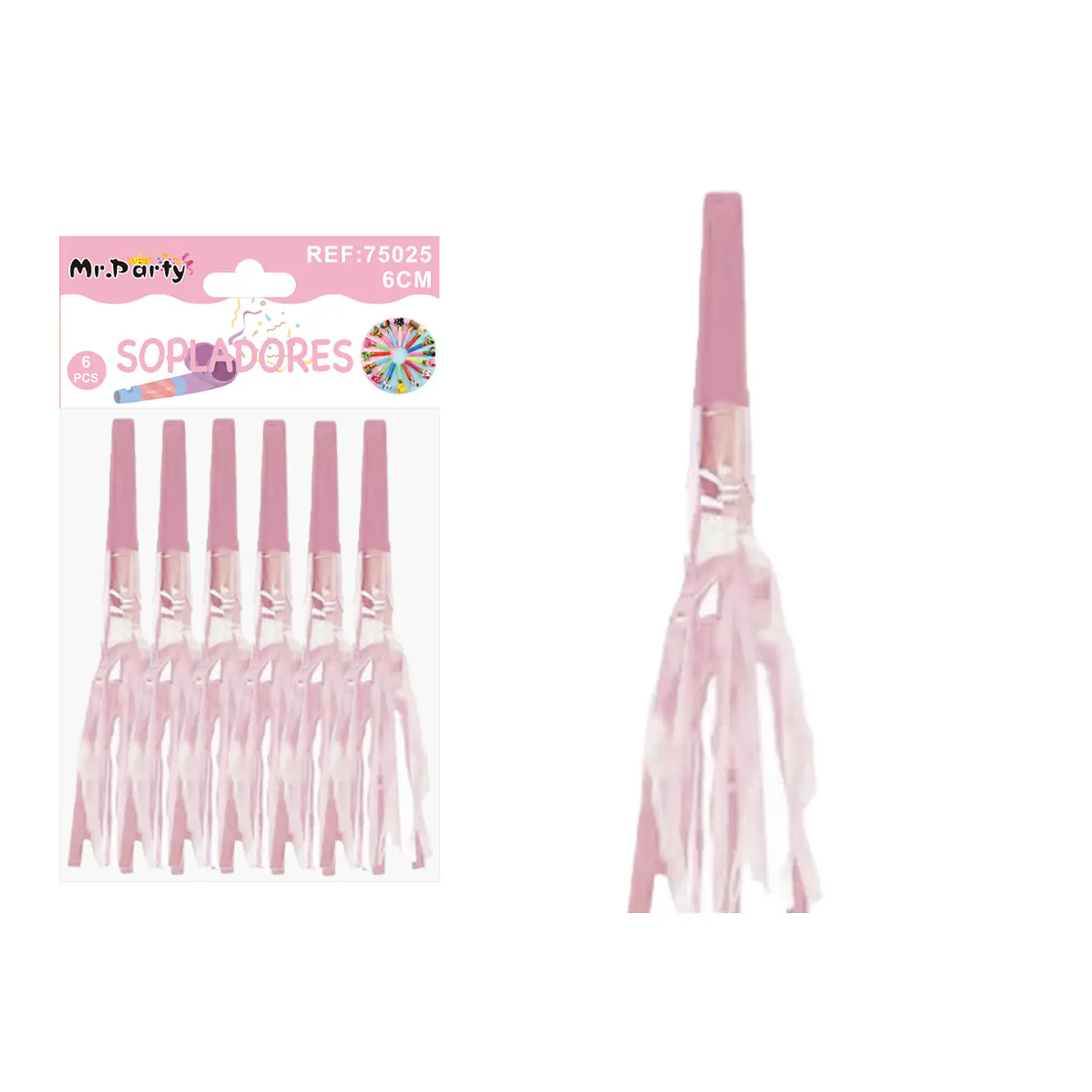 Sopladores de fiesta neón de papel con flecos rosa 6pcs 1