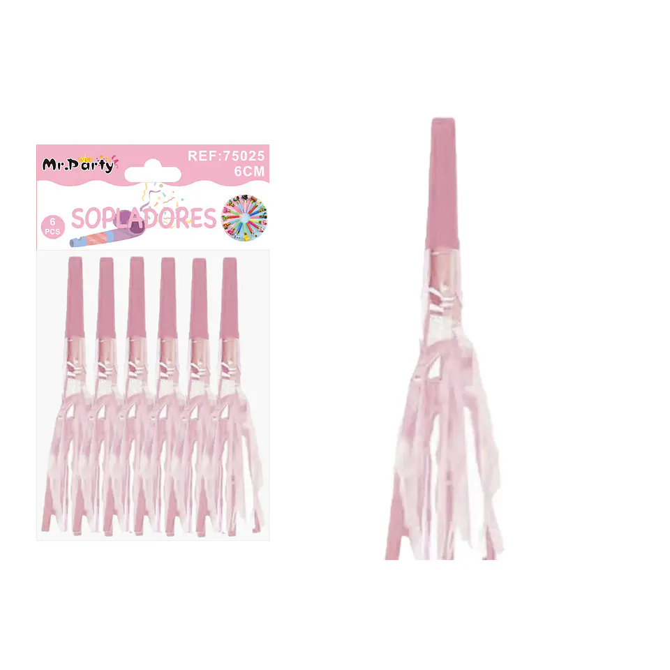 Sopladores de fiesta neón de papel con flecos rosa 6pcs 1