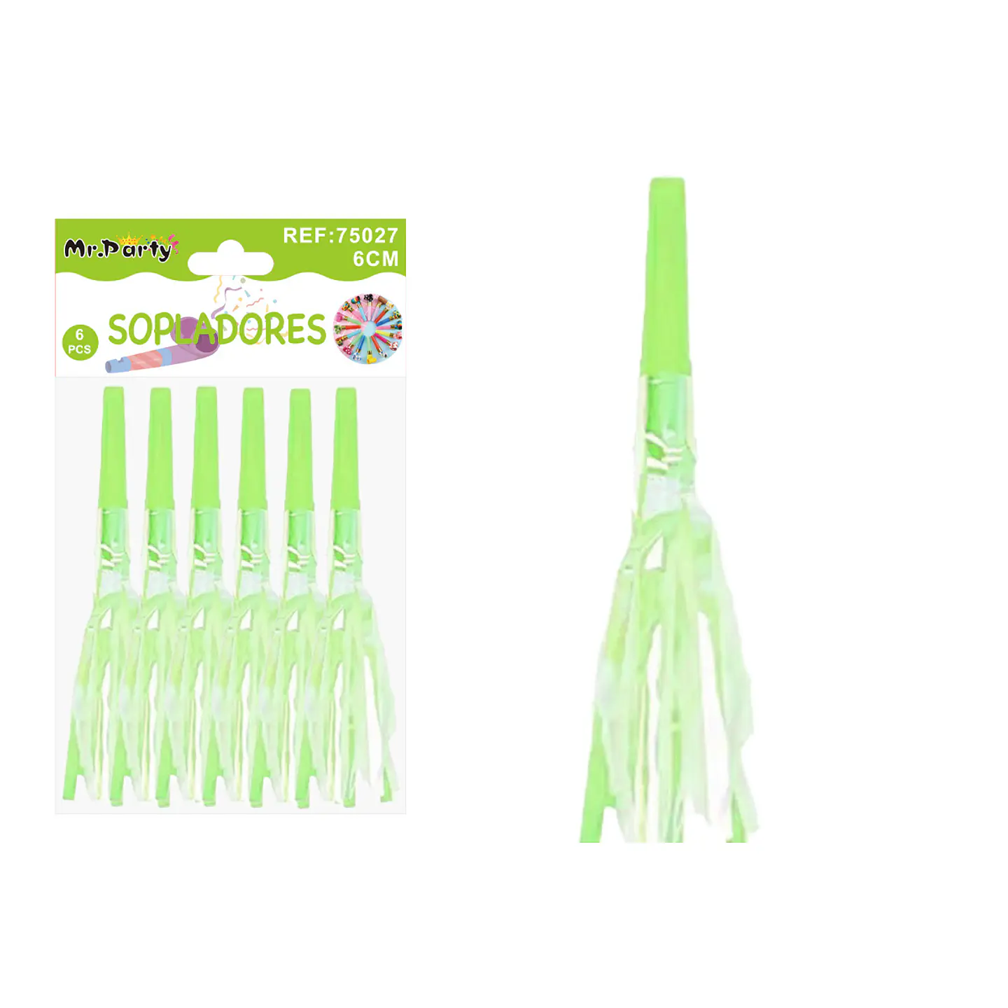 Sopladores de fiesta neón de papel con flecos verde lima 6pcs 1
