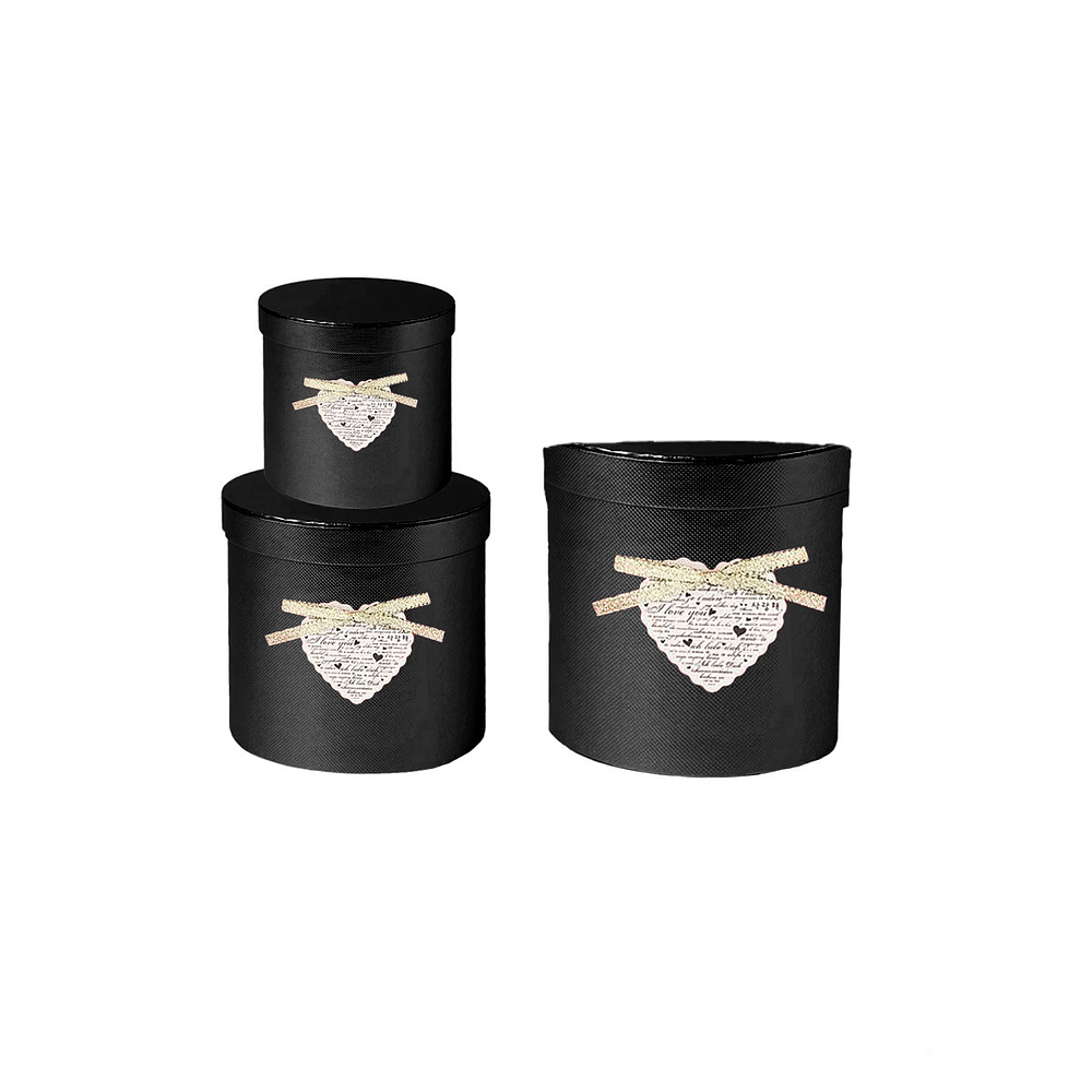 Set de cajas de regalos redondas negro con corazón 3pcs