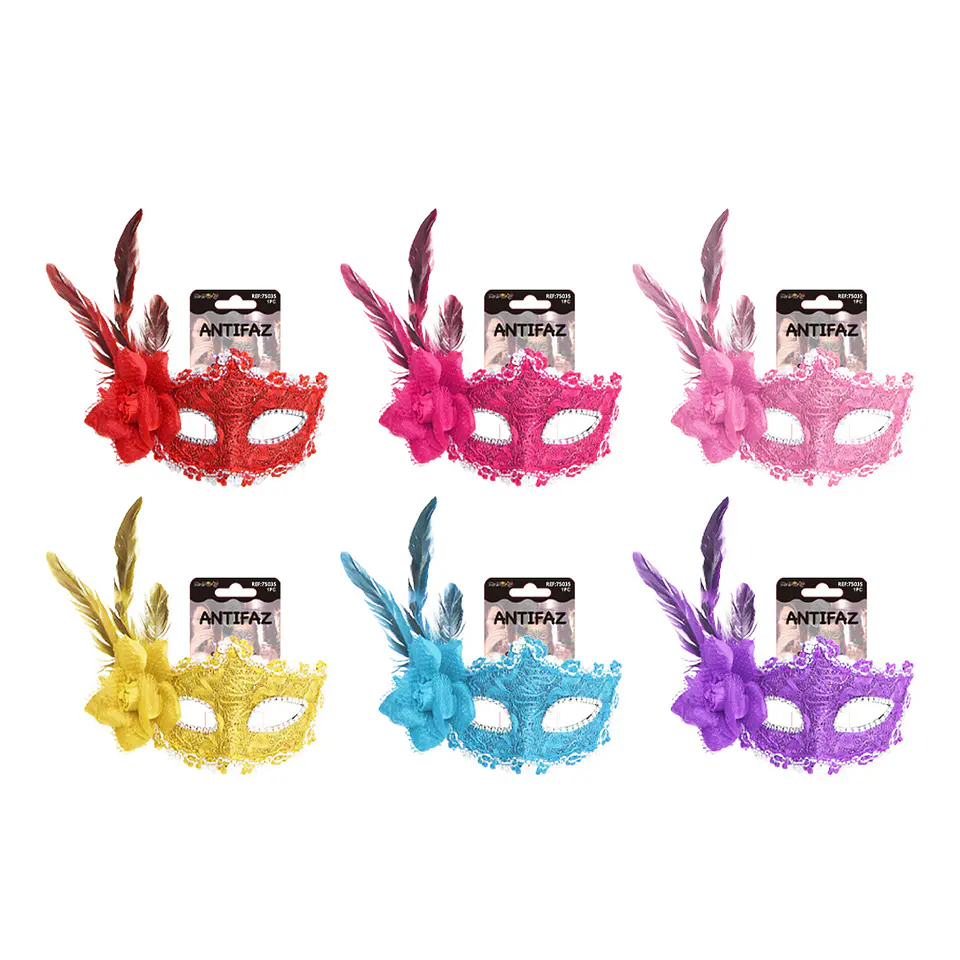Antifaz de encaje con plumas y flor para fiesta Color Aleatorio 1