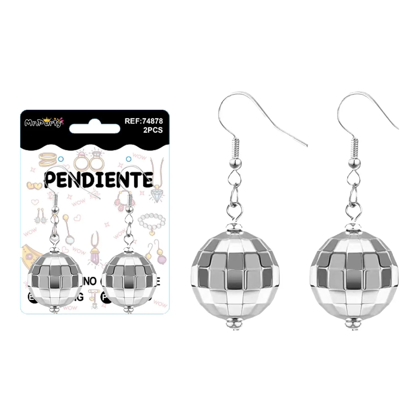 Aretes bola de discoteca plateada 4cm 1