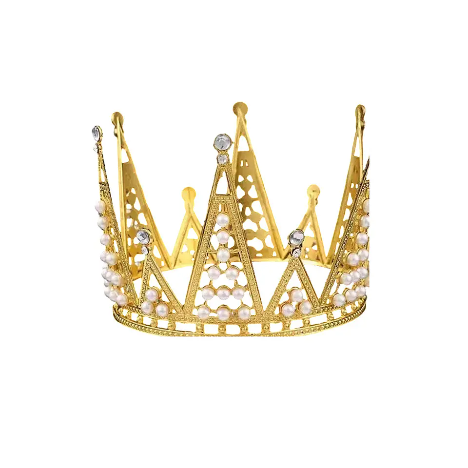 Corona de aleación dorado con diamantes y perlas 8.1*10.4cm 1