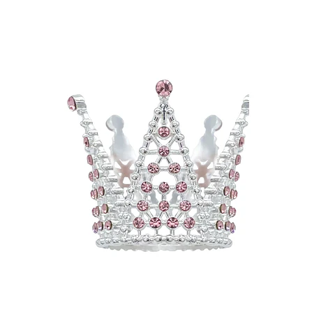 Corona mini de aleación plateado con diamantes rosados 3.2*3.6cm