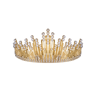 Corona de aleación dorado con diamantes y perlas 7.1*14.6cm