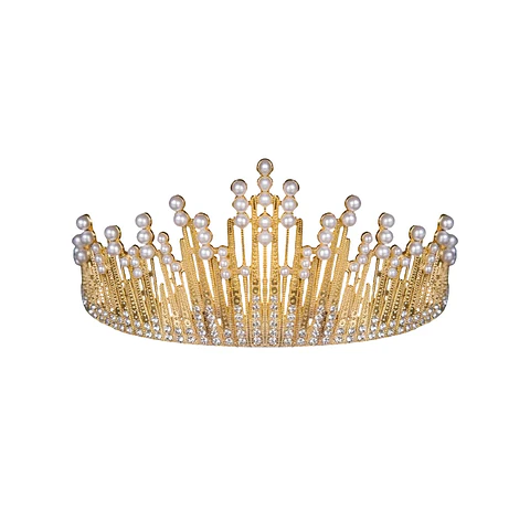 Corona de aleación dorado con diamantes y perlas 7.1*14.6cm