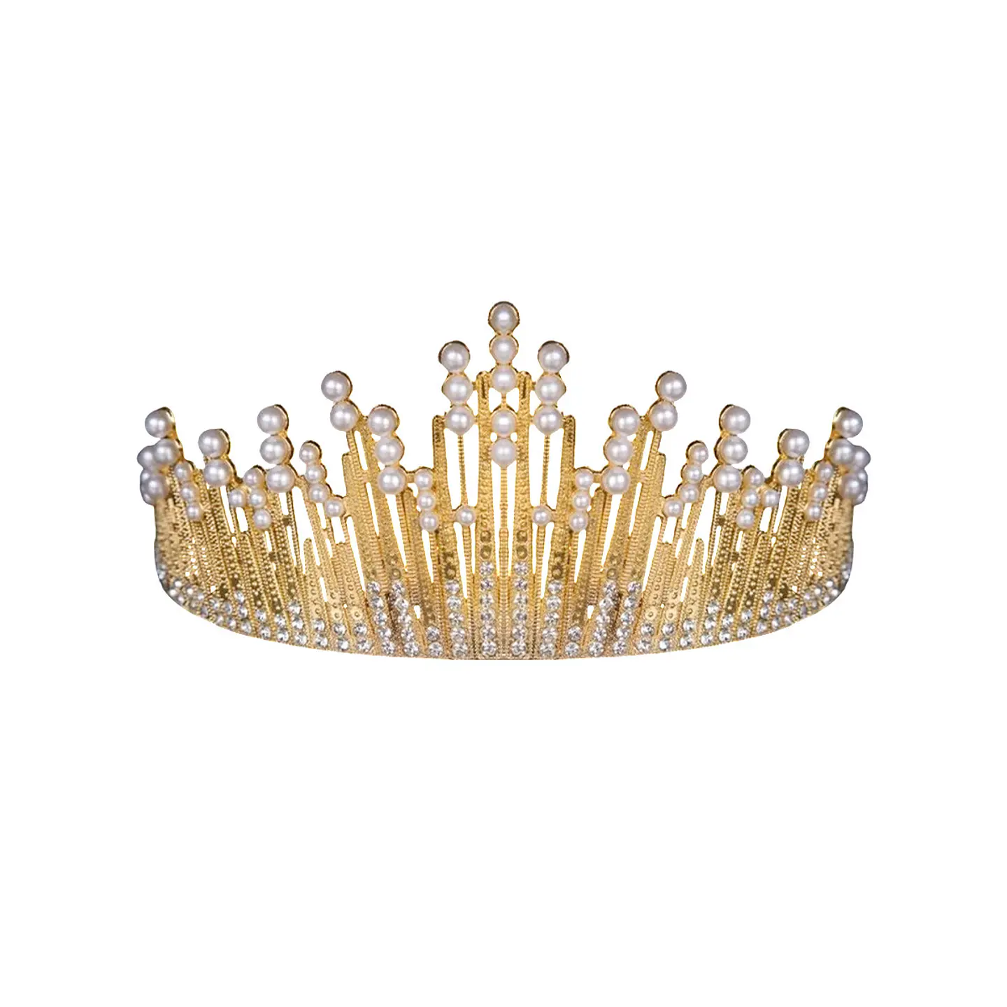 Corona de aleación dorado con diamantes y perlas 7.1*14.6cm 1