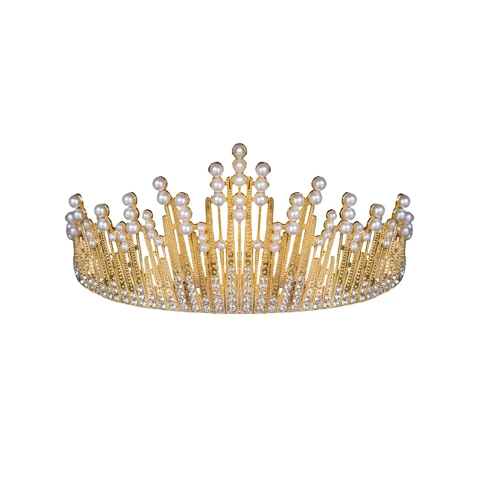 Corona de aleación dorado con diamantes y perlas 7.1*14.6cm 1
