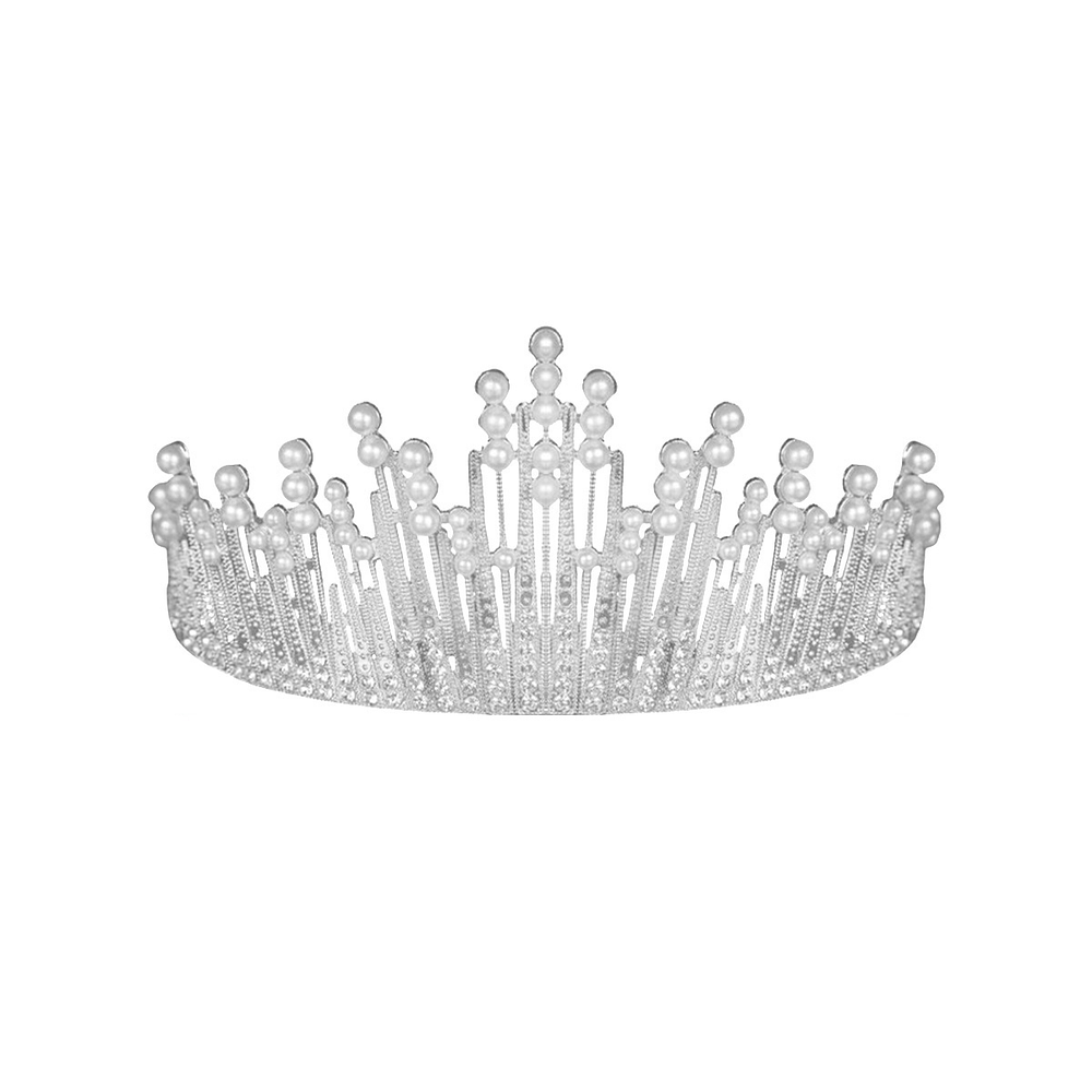 Corona de aleación plateado con diamantes y perlas 7.1*14.6cm