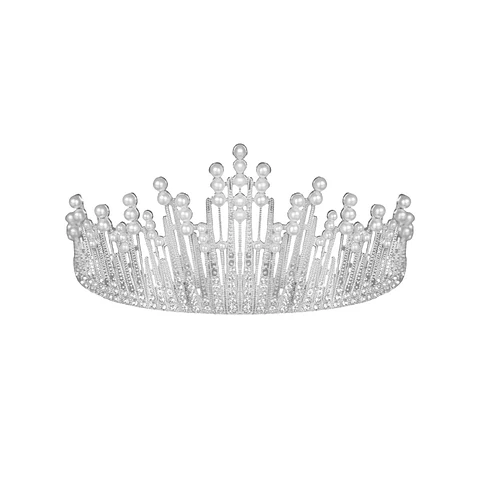 Corona de aleación plateado con diamantes y perlas 7.1*14.6cm