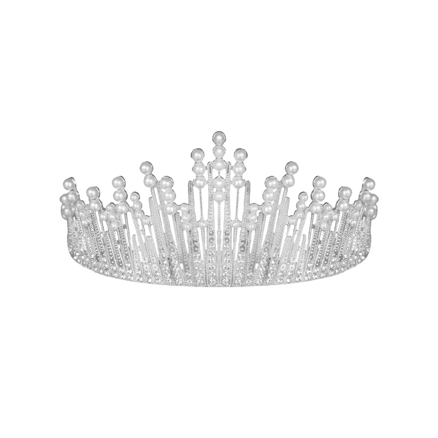 Corona de aleación plateado con diamantes y perlas 7.1*14.6cm 1
