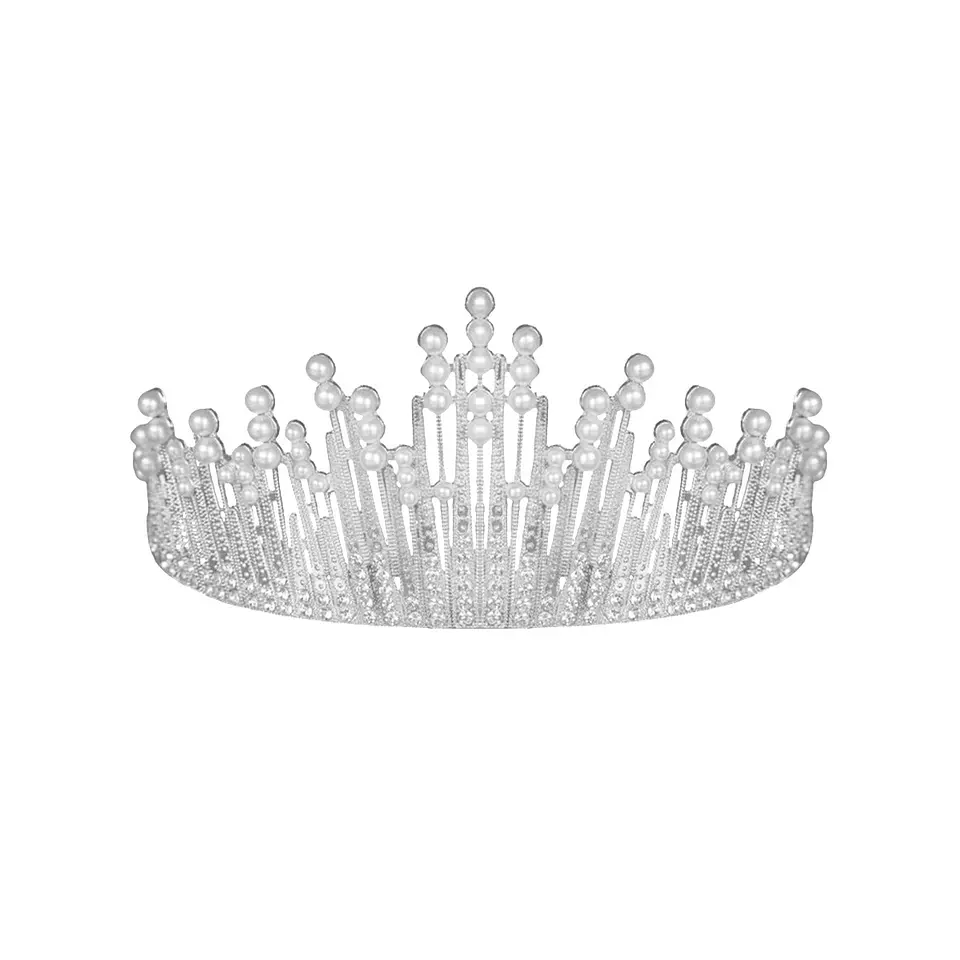 Corona de aleación plateado con diamantes y perlas 7.1*14.6cm 1