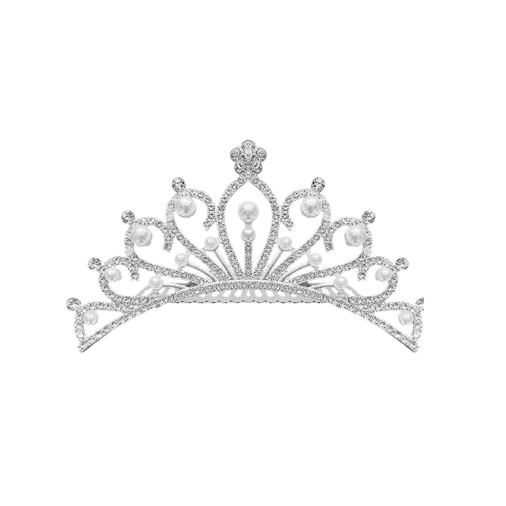 Corona de aleación con peineta plateado con perlas y diamantes 4.6*9.5cm