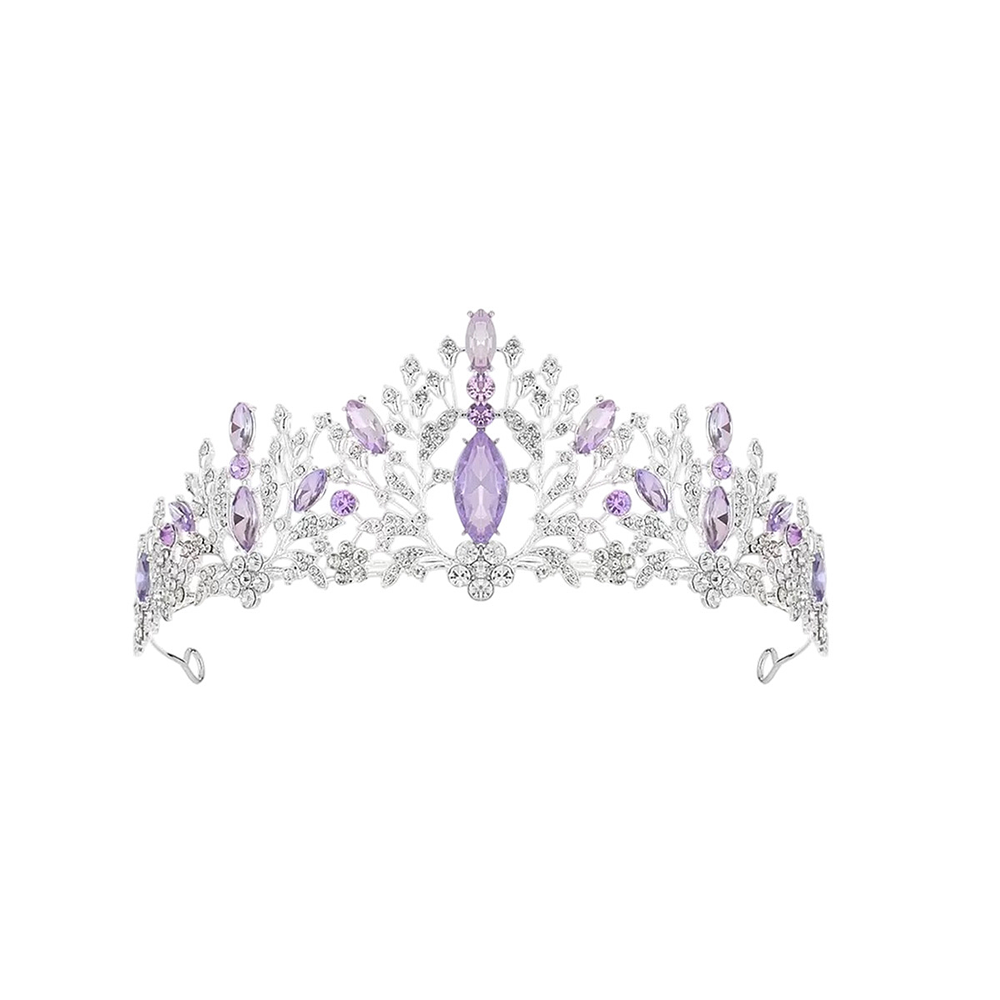 Corona tiara de cristales plateada con diseño floral elegante 6.3*15.5cm