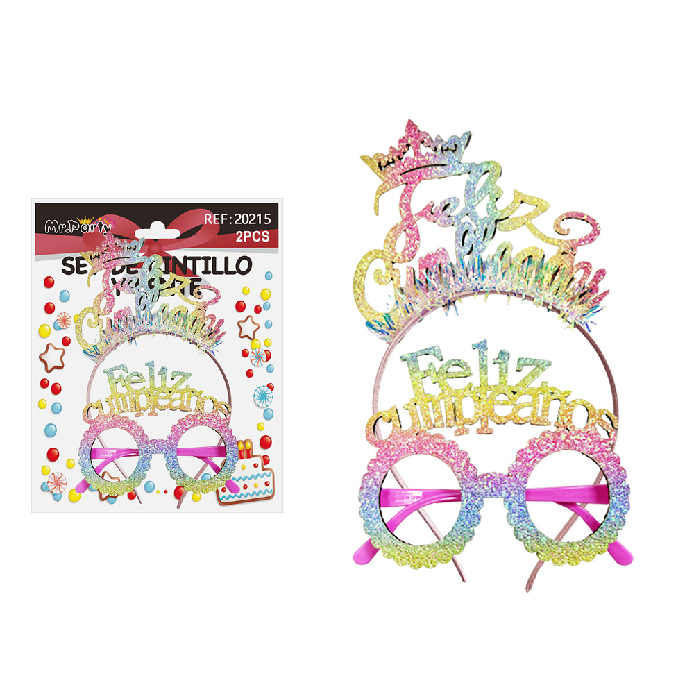 Set de cintillo y lentes Feliz cumpleaños multicolor con glitter 2pcs