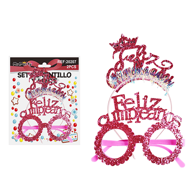 Set de cintillo y lentes Feliz cumpleaños rosado con glitter 2pcs