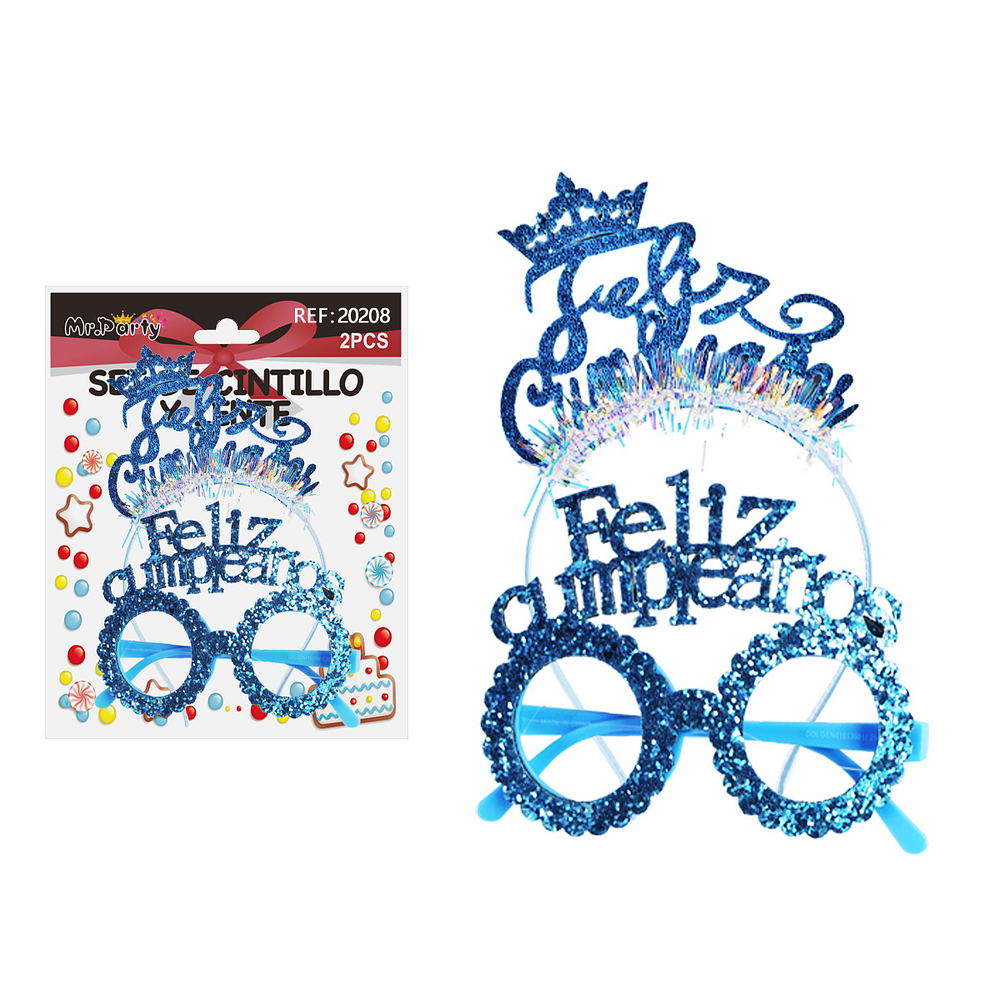 Set de cintillo y lentes Feliz cumpleaños azul con glitter 2pcs